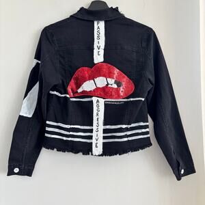 RARE Wren and Glory Hand Painted 'Passive Aggressive' Lips Denim Jacket Limited